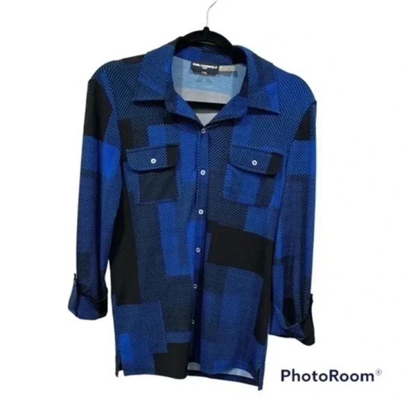 Karl lagerfeld button down blouse blue/black Small - Picture 1 of 8